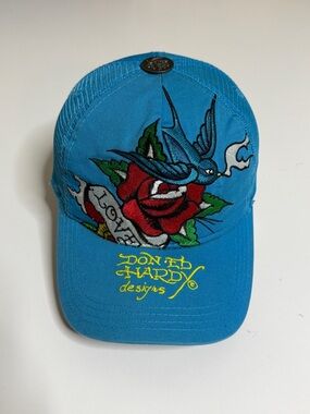 Vintage Ed Hardy Rose Swallow Trucker Hat Adjustable Sizing Blue